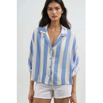 Camasa dama -  cu dungi - croiala lejera - albastru - textil -