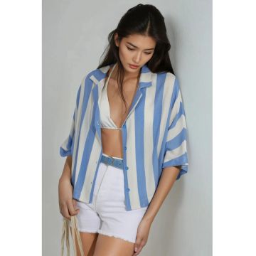 Camasa dama -  cu dungi si nasturi - albastru deschis/alb - textil