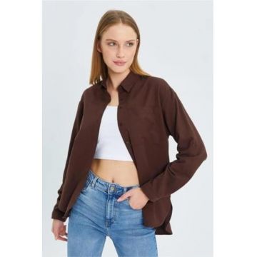 Camasa dama -  cu maneca lunga - buzunar - maro cafea - textil