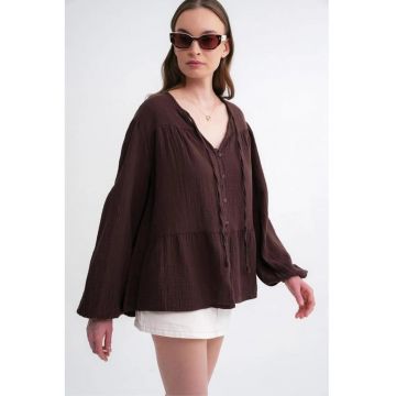 Camasa dama -  cu maneca lunga - croiala relaxata - maro cafea - textil