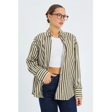Camasa dama -  cu maneca lunga - dungi - kaki/alb - textil