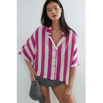 Camasa dama -  cu nasturi si dungi - roz magenta/alb - textil