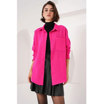 Camasa dama - HiCCUP - din amestec de in cu detalii de buzunar - roz neon