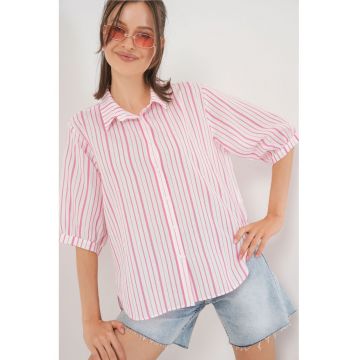 Camasa dama HiCCUP din poplin cu dungi - maneci trei sferturi - roz pudrat - textil