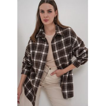 Camasa dama - HiCCUP - flanel - regular fit - maro nuc - textil - Maro nuc