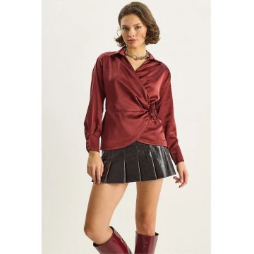 Camasa dama HiCCUP - satin - decolteu in V - inchidere cu cravata - visiniu