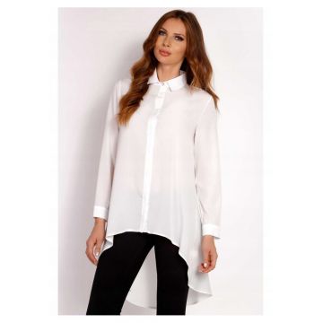Camasa Dama -  L001 - Asimetrica cu Guler - Spate Mai Lung - Croiala Clasica Eleganta - Ideala Birou si Intalniri Business - Tesatura Confortabila cu Elastan - Inchidere Nasturi - Alb - Alb