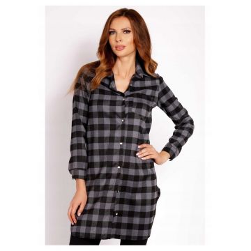 Camasa Dama -  L002 - Lunga - Croiala Clasica Eleganta - Maneci 3/4 - Tesatura Confortabila Poliester cu Vascoza - Ideala Stil Casual - Moale la Atingere - Inchidere Nasturi - Gri - Gri antracit