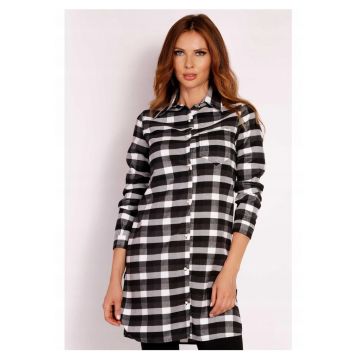 Camasa Dama -  L002 - Lunga - Croiala Clasica Eleganta - Maneci 3/4 - Tesatura Confortabila Poliester cu Vascoza - Ideala Stil Casual - Moale la Atingere - Inchidere Nasturi - Negru/Alb - Negru I Alb