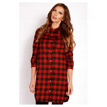 Camasa Dama -  L002 - Lunga - Croiala Clasica Eleganta - Maneci 3/4 - Tesatura Confortabila Poliester cu Vascoza - Ideala Stil Casual - Moale la Atingere - Inchidere Nasturi - Rosu - Marime