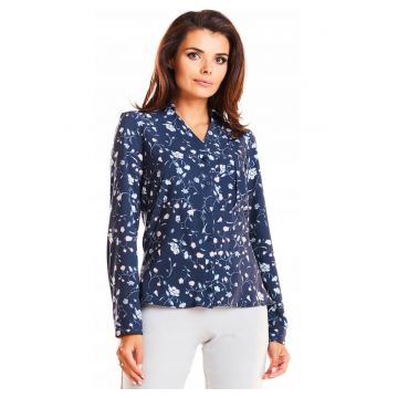Camasa Dama -  Model Flori - 98% Poliester - 2% Elastan - Stil Casual - Birou - Elegant - Business - Slim Fit - Decolteu Cu Guler - Albastru Cu Flori - Albastru inchis