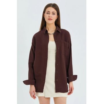 Camasa dama -  oversize - detaliu buzunar - maro cafea - textil