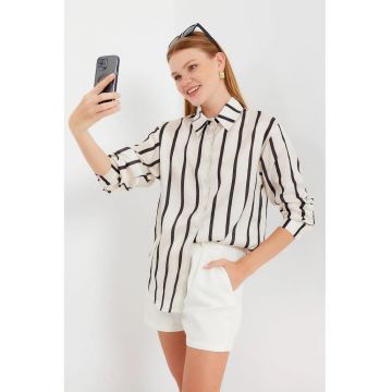 Camasa dama -  satin - cu maneca lunga - negru/alb