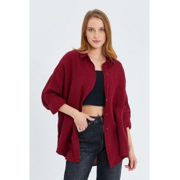 Camasa dama -  supradimensionata - detalii buzunar - rosu burgundia - textil