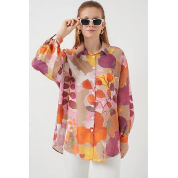 Camasa dama -  supradimensionata - imprimeu floral - bumbac - Portocaliu stralucitor - S - Portocaliu