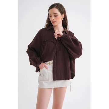 Camasa dama -  texturata din bumbac - maro cafea - textil