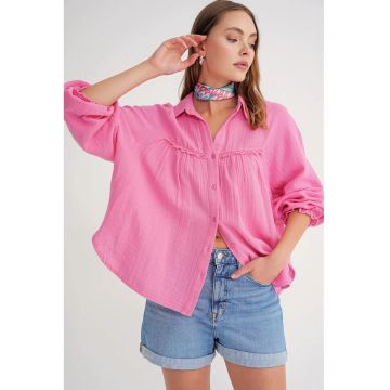 Camasa dama -  texturata din bumbac - roz pudrat - textil