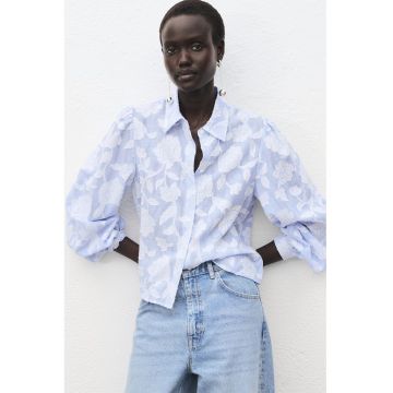 Camasa de bumbac cu maneci bufante - Albastru lavanda