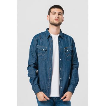 Camasa de denim cu cusaturi contrastante Western - Albastru inchis/Alb murdar