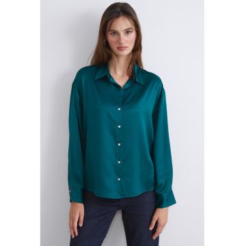 Camasa de satin cu maneci cazute - Albastru petrol