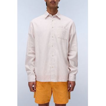 Camasa din amestec de in cu buzunar pe piept si model in dungi - Alb/Roz pal