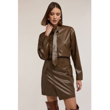 Camasa din piele ecologica cu maneci lungi - Maro inchis