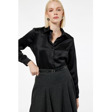 Camasa din satin cu mansete cu nasturi - Negru