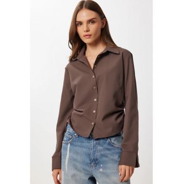 Camasa Femei - Happiness Istanbul - detalii plisate - maro mocha - bumbac
