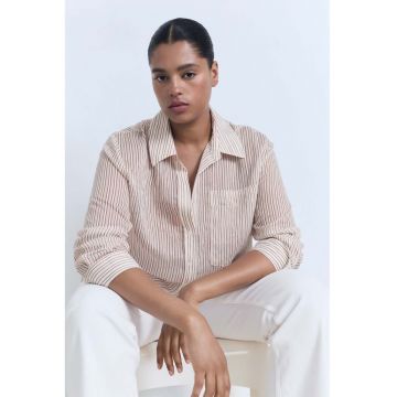 Camasa in dungi cu maneci lungi - Maro deschis/Alb murdar