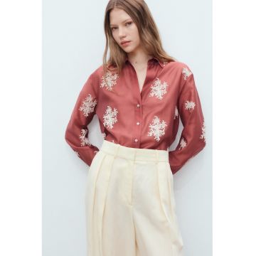 Camasa lejera cu broderie - din amestec de lyocell - Alb/Coral