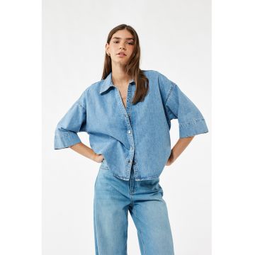 Camasa lejera din material chambray cu maneci trei sferturi - Albastru melange