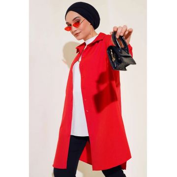 Camasa lunga dama -  textil - rosu - cu inchidere cu nasturi -