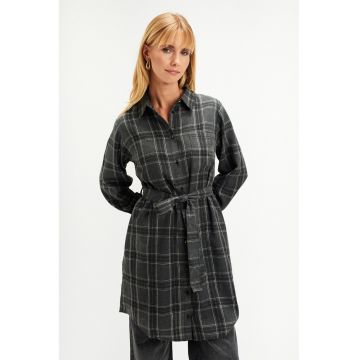 Camasa lunga in carouri cu cordon - Auriu/Gri inchis