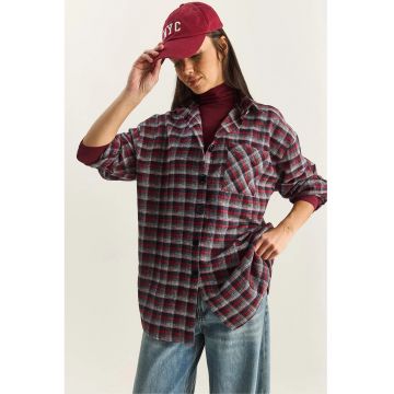 Camasa poplin  supradimensionata - carouri - rosu - bumbac - One Size