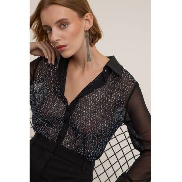 Camasa semitransparenta decorata cu strasuri - Negru stins/Albastru azur/Argintiu