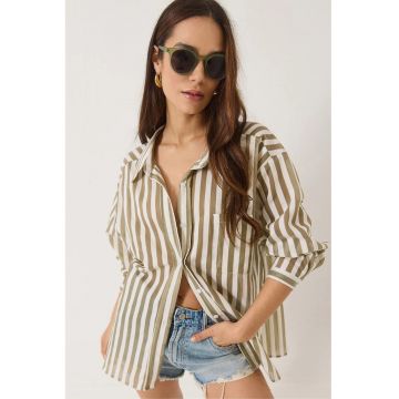 Camasa  supradimensionata din poplin cu dungi - verde - bumbac si nailon -
