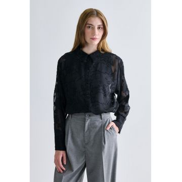 Camasa transparenta cu design floral - Negru