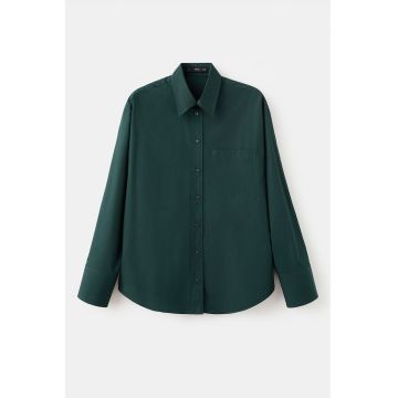 Camasa uni de bumbac cu mansete cu nasturi - Verde padure