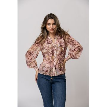 Camasa vaporoasa cu model Raluca - Maro deschis/Violet aubergine/Roz pal