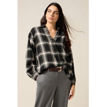 Camsa cu strasuri si model in carouri - Alb/Negru stins