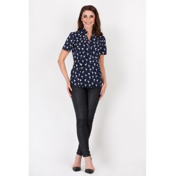 Camasa A089 pentru dama  Poliester - Cu flamingo - Bleumarin/Alb
