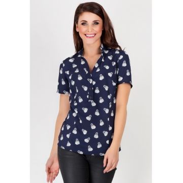 Camasa A089 pentru dama  Poliester - Cu imprimeu cu genti - Bleumarin/Alb