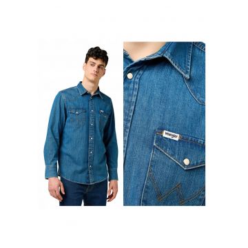 Camasa Barbati -  Western Shirt - Regular Fit - Maneci Lungi - Cu Nasturi - Design Clasic - Bumbac - 3XL INTL - Albastru