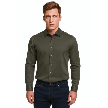 Camasa cambrata din amestec de bumbac - Kaki inchis