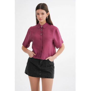 Camasa crop -  cu accesorii din pietre - roz - textil - Albastru marin