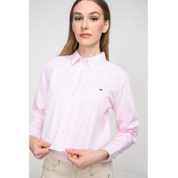 Camasa crop relaxed fit cu logo discret - Roz deschis