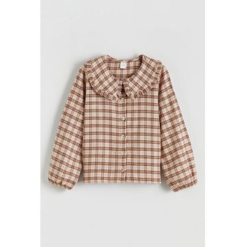 Camasa cu guler Peter Pan si model in carouri - Maro/Bej