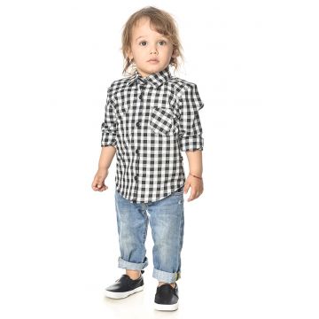 Camasa cu model in carouri si buzunar pe piept - Alb/Negru