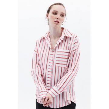 Camasa cu model in dungi si buzunar pe piept - Rosu/Alb optic
