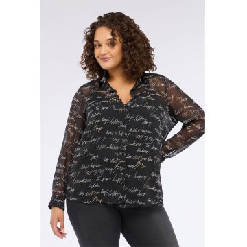 Camasa cu text si guler clasic - Negru/Maro camel